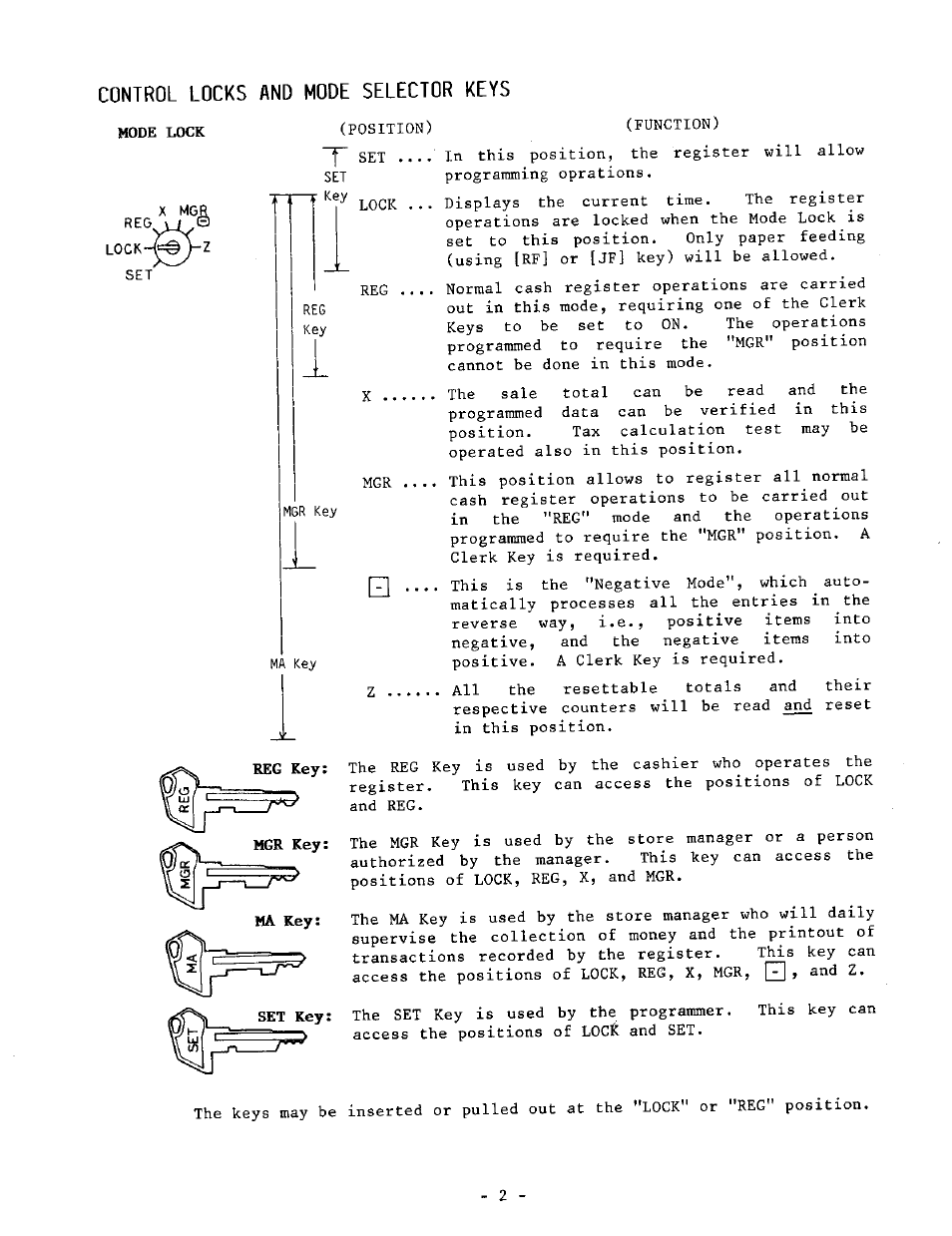 Control locks and mode selector keys, Mode lock | Toshiba TEC MA-1040-100 Series User Manual | Page 6 / 48