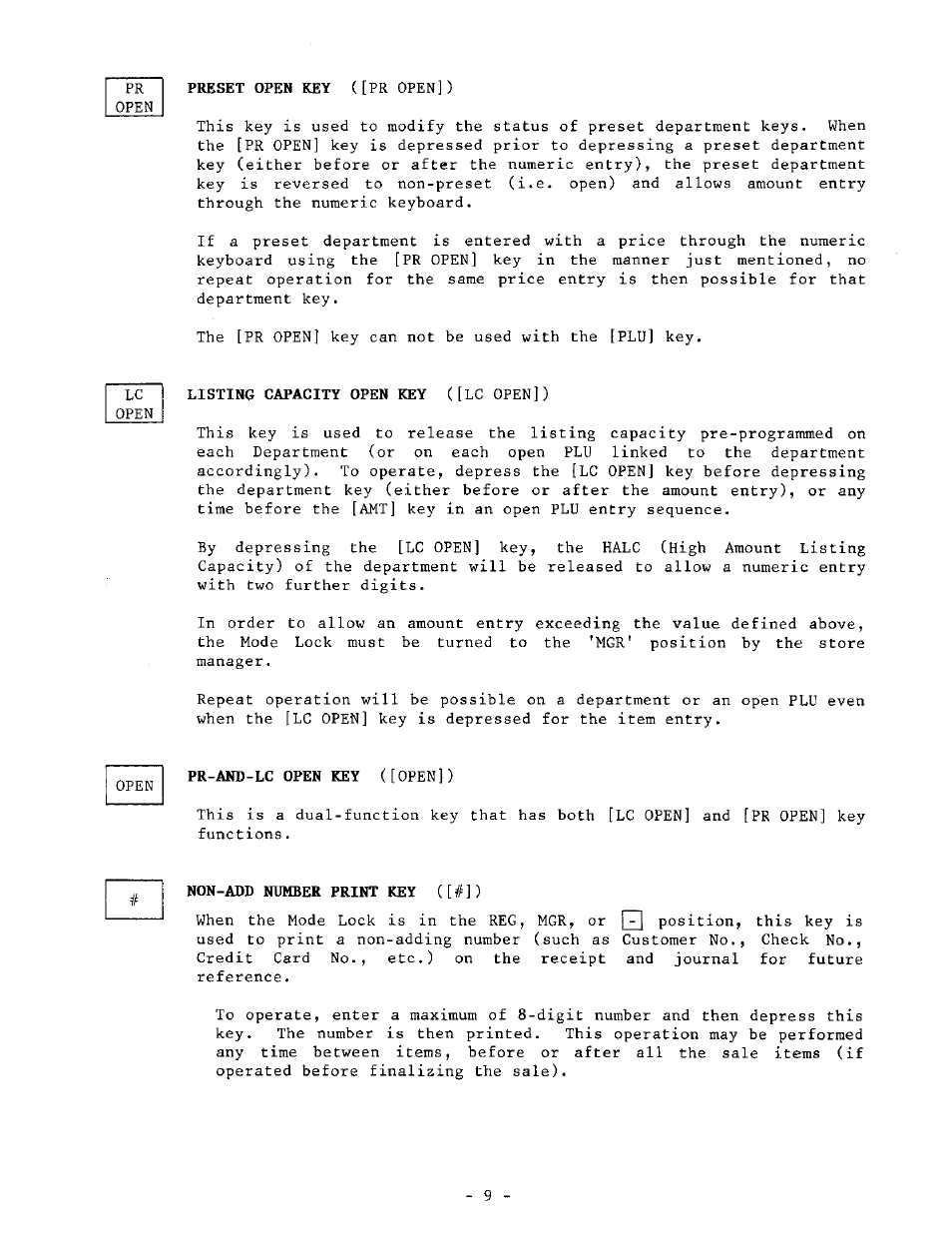 Listing capacity open key ([lc open]), Pr-and-lc open key ([open]), Non-add number print key ([#]) | Toshiba TEC MA-1040-100 Series User Manual | Page 9 / 48