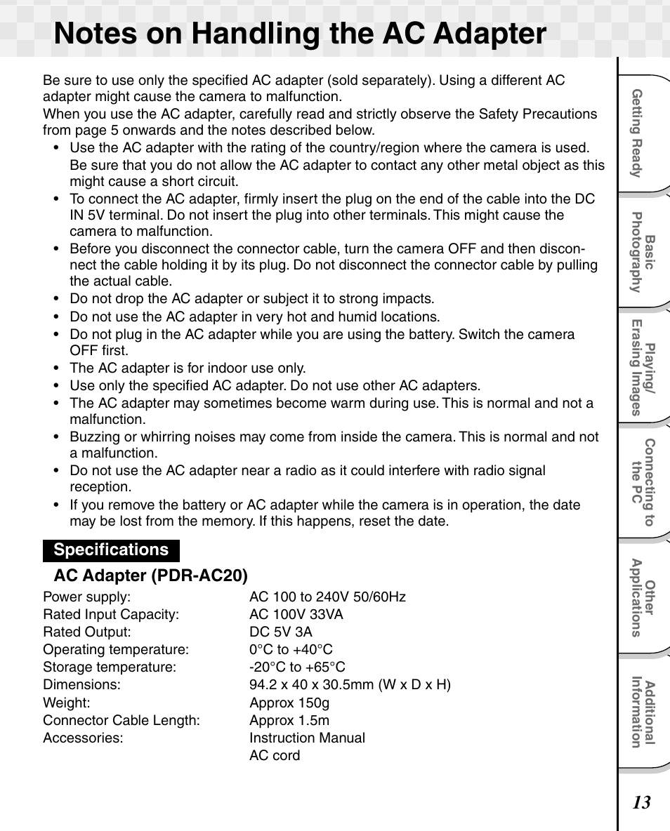 Specifications ac adapter (pdr-ac20) | Toshiba T10 User Manual | Page 14 / 59