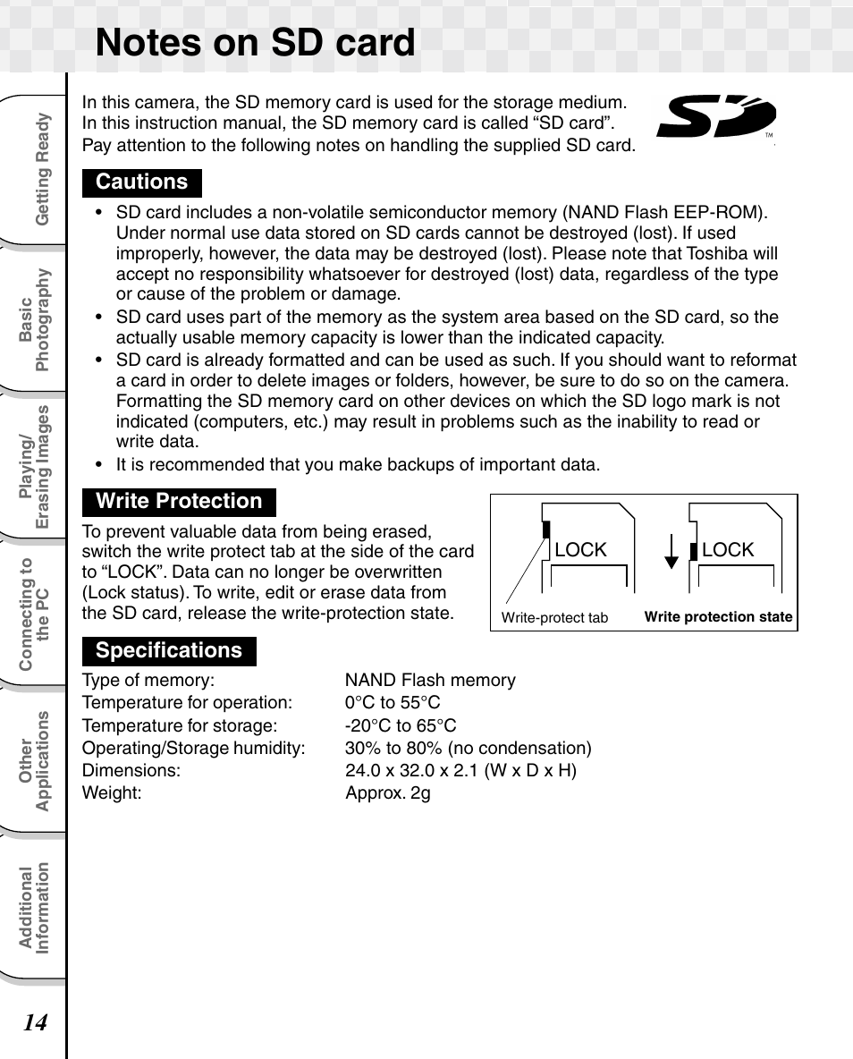 Cautions, Write protection, Specifications | Toshiba T10 User Manual | Page 15 / 59