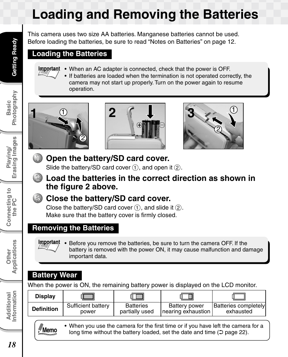 Loading and removing the batteries, Open the battery/sd card cover, Close the battery/sd card cover | Toshiba T10 User Manual | Page 19 / 59