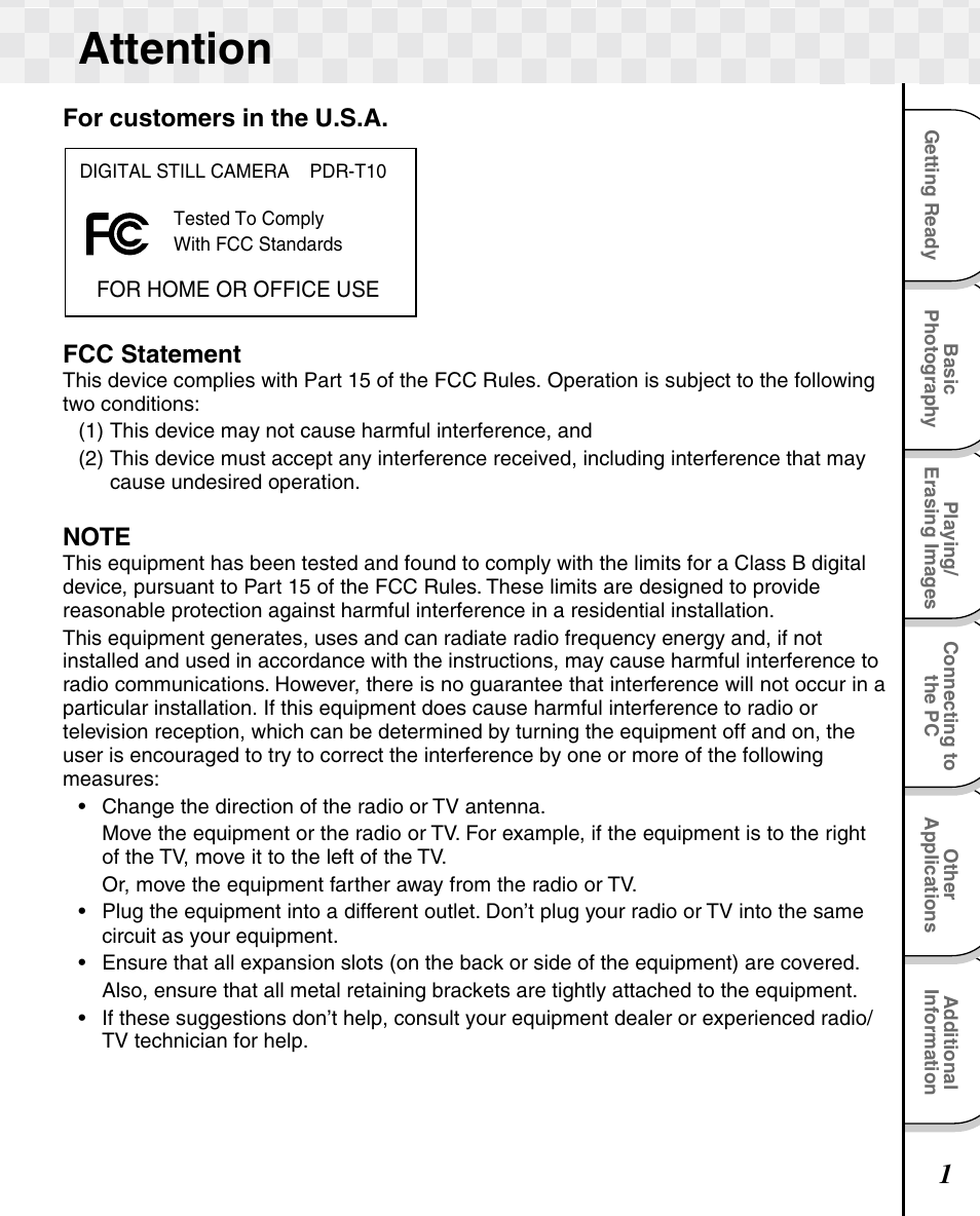 Attention, For customers in the u.s.a. fcc statement | Toshiba T10 User Manual | Page 2 / 59