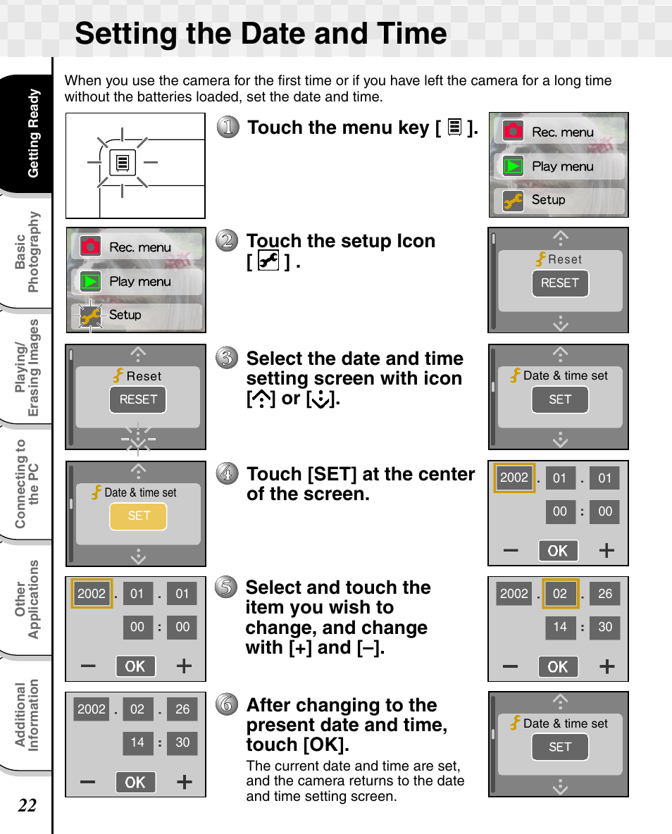 Setting the date and time, Touch the menu key, Touch the setup icon | Touch [set] at the center of the screen | Toshiba T10 User Manual | Page 23 / 59