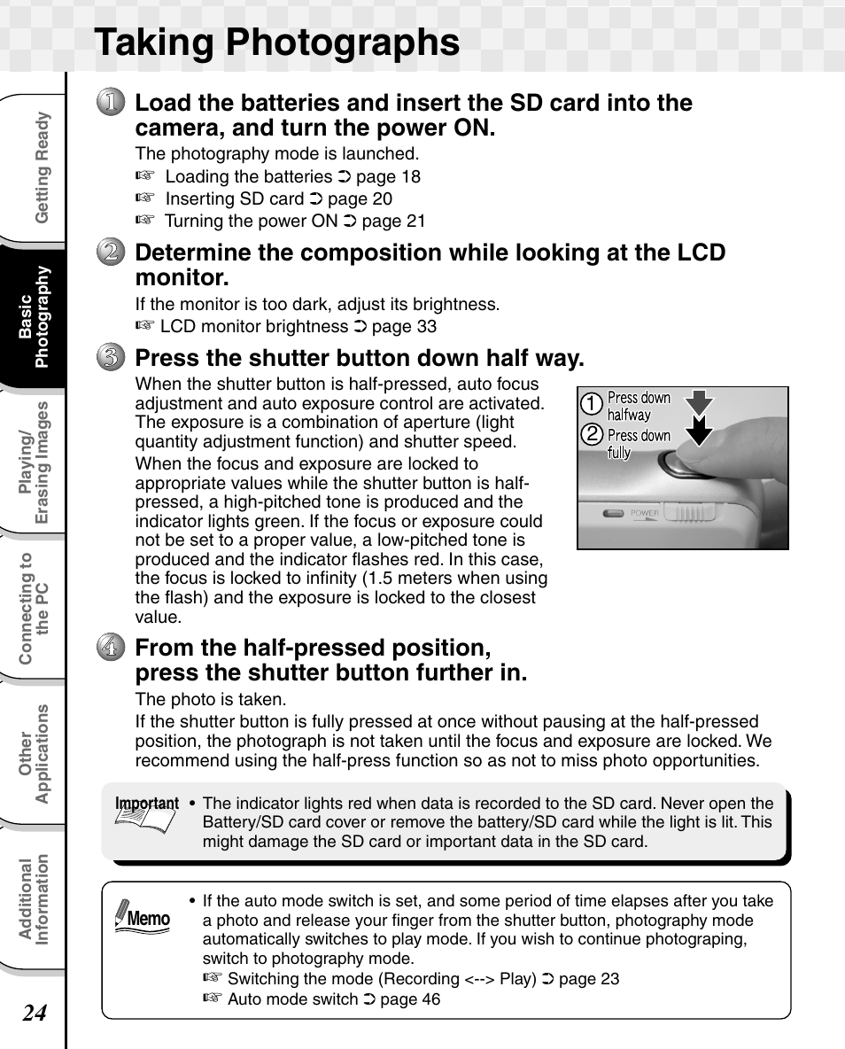 Taking photographs, Press the shutter button down half way | Toshiba T10 User Manual | Page 25 / 59