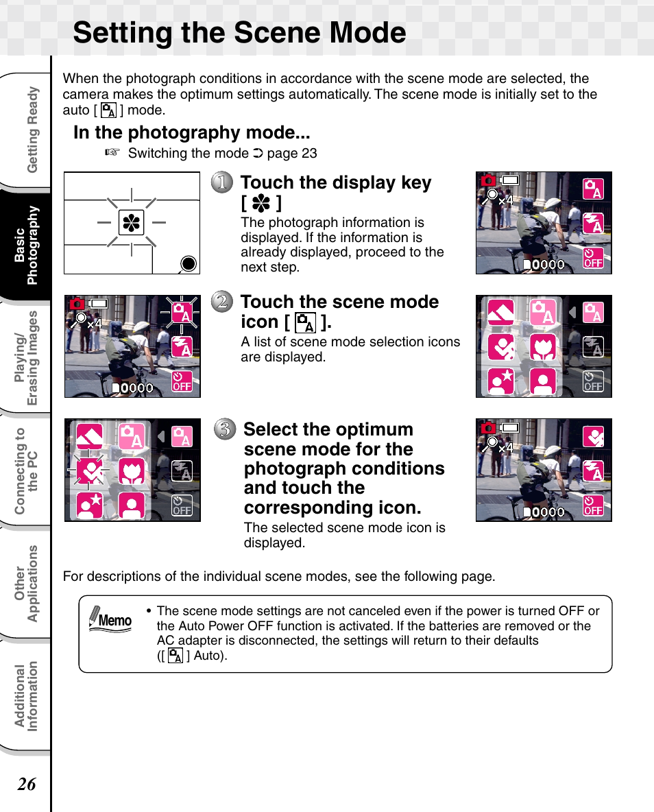 Setting the scene mode, Touch the display key, Touch the scene mode icon | Toshiba T10 User Manual | Page 27 / 59