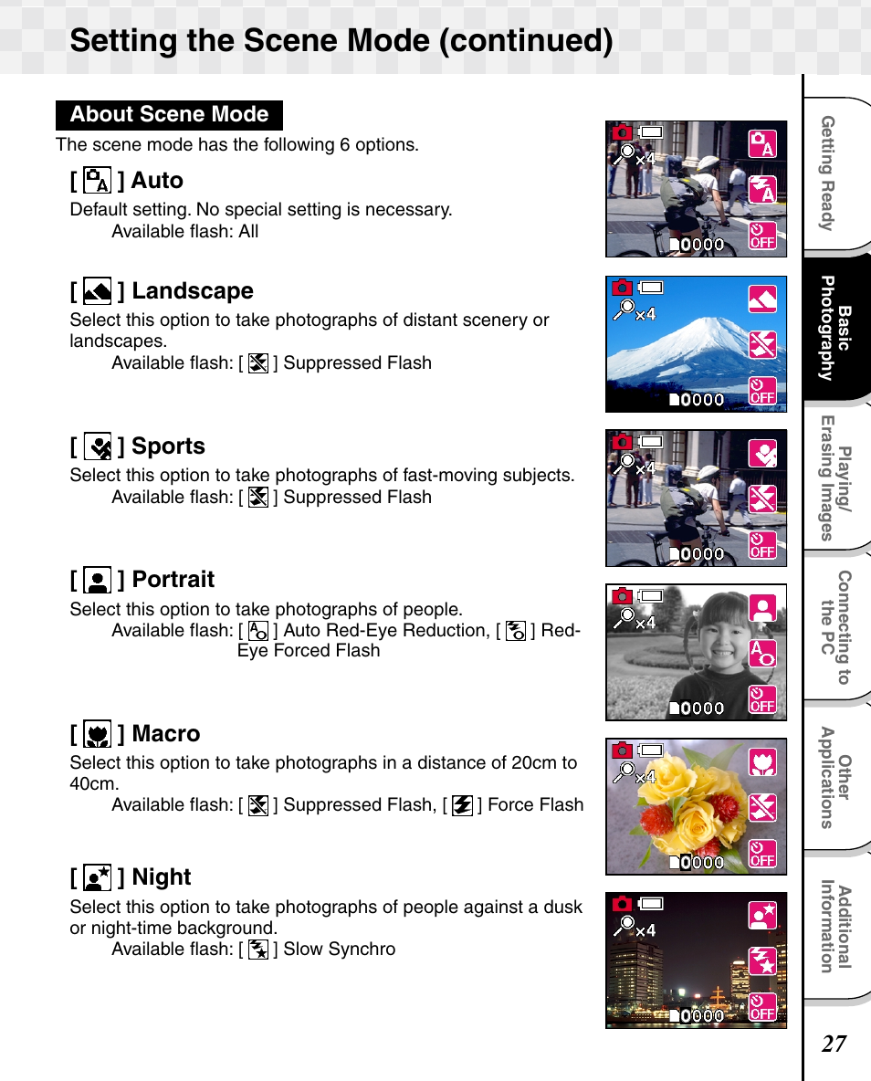 Setting the scene mode (continued), Auto, Landscape | Sports, Portrait, Macro, Night | Toshiba T10 User Manual | Page 28 / 59