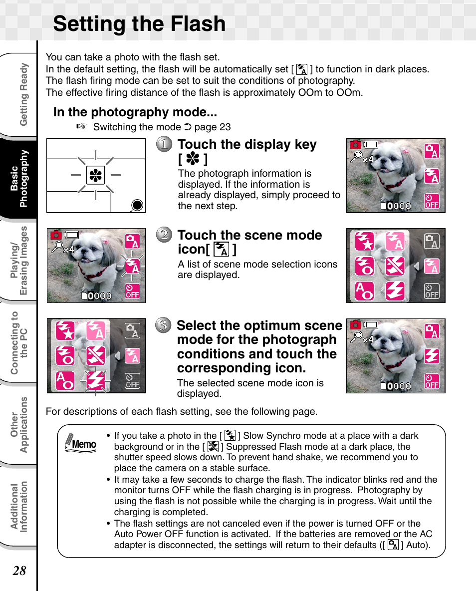 Setting the flash, Touch the display key, Touch the scene mode icon | Toshiba T10 User Manual | Page 29 / 59