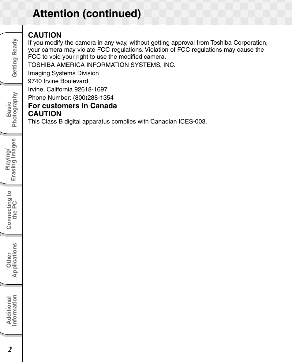 Attention (continued), Caution, For customers in canada caution | Toshiba T10 User Manual | Page 3 / 59