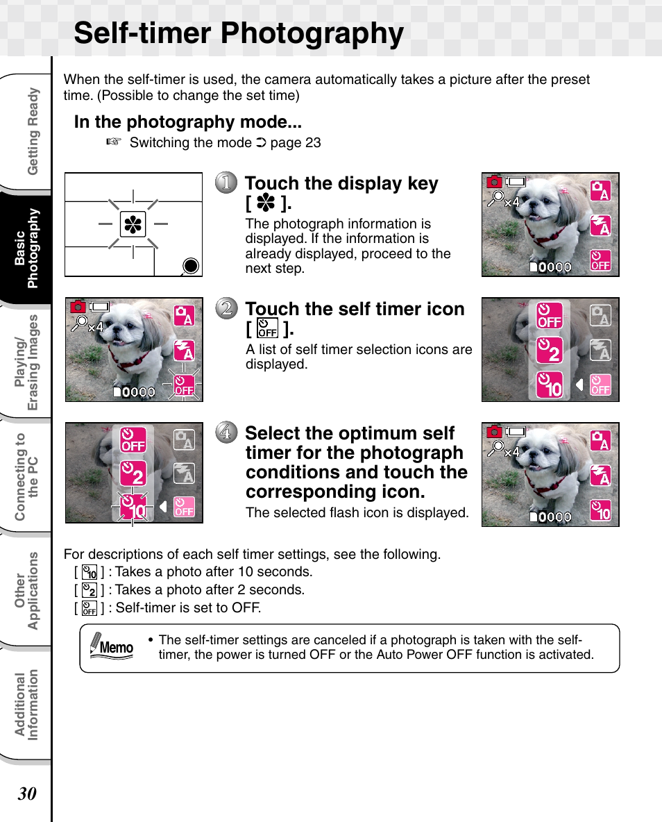 Self-timer photography, Touch the display key, Touch the self timer icon | Toshiba T10 User Manual | Page 31 / 59