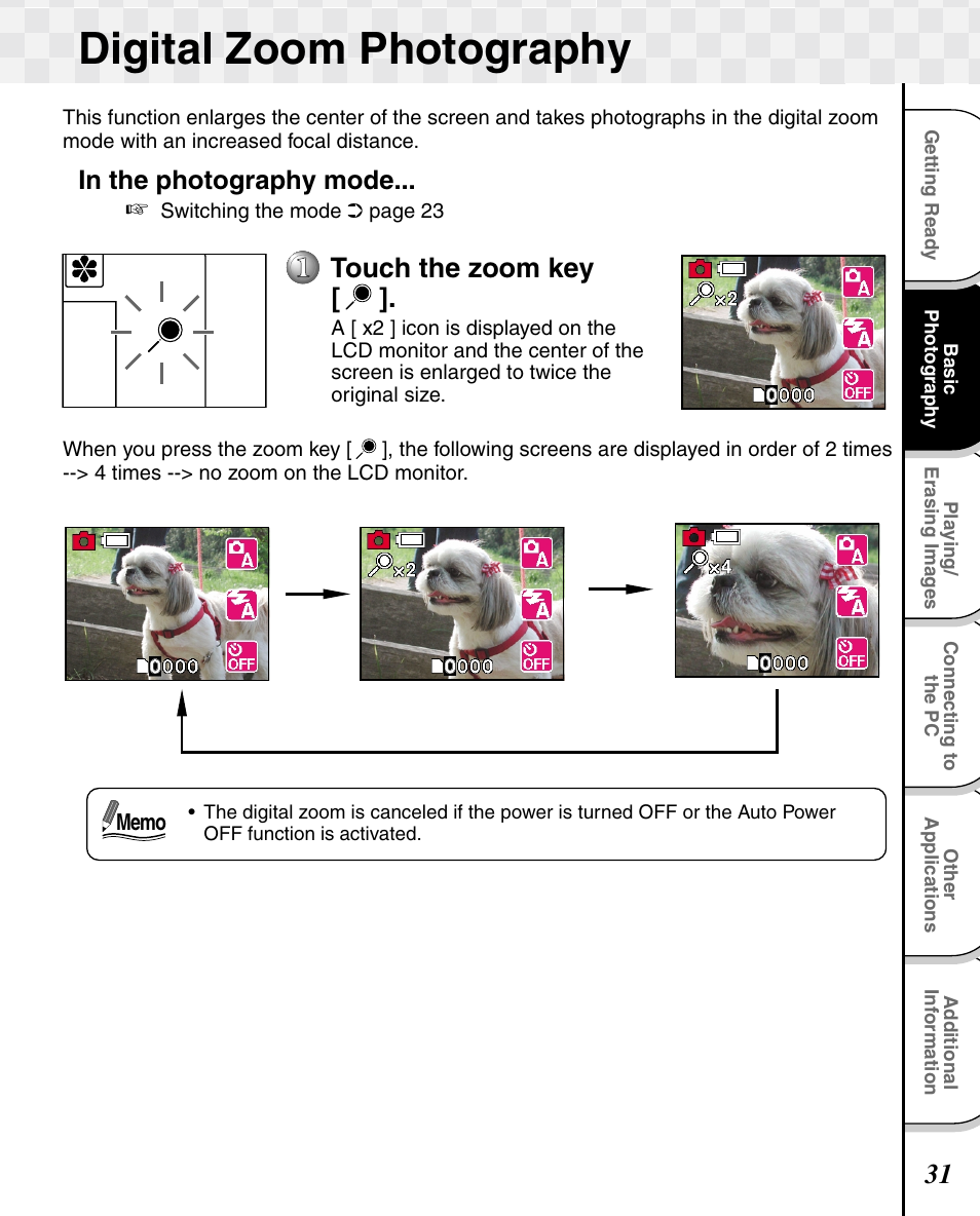 Digital zoom photography, Touch the zoom key | Toshiba T10 User Manual | Page 32 / 59