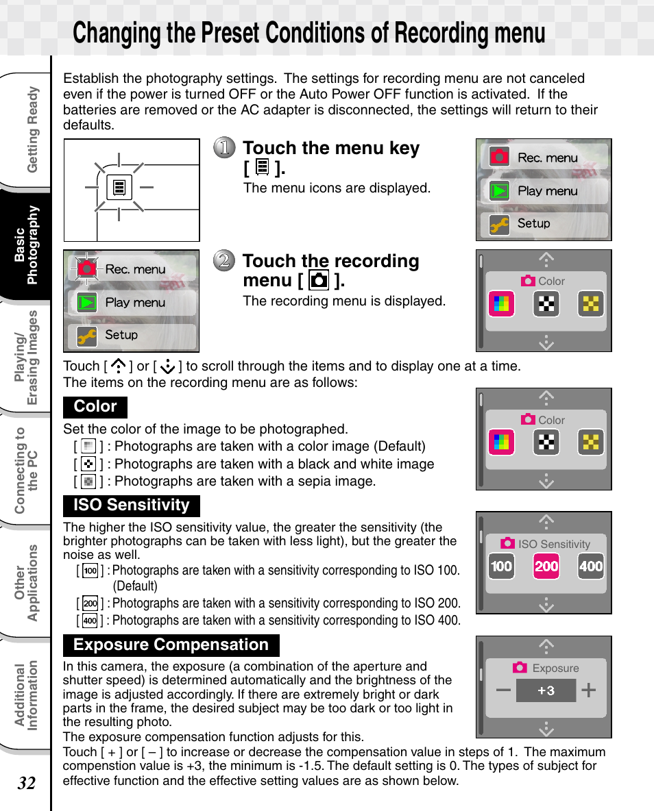 Changing the preset conditions of recording menu, Touch the menu key, Touch the recording menu | Toshiba T10 User Manual | Page 33 / 59