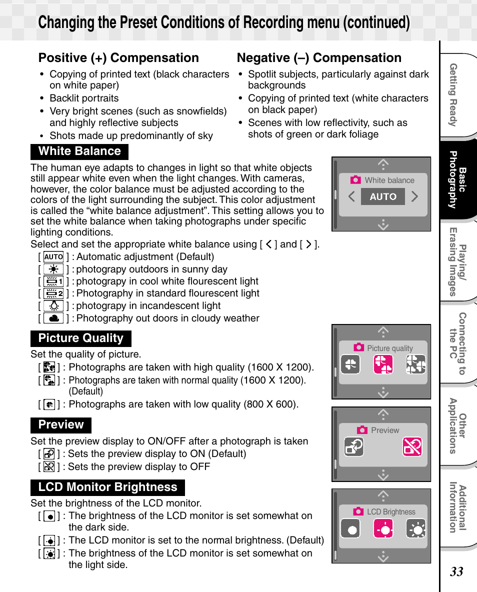 Positive (+) compensation, Negative (–) compensation, White balance | Picture quality, Preview, Lcd monitor brightness | Toshiba T10 User Manual | Page 34 / 59