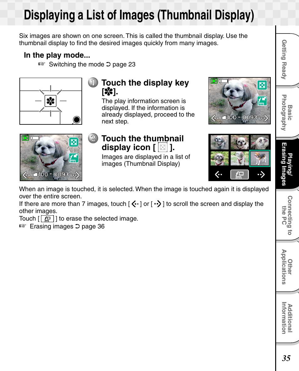 Displaying a list of images (thumbnail display), Touch the display key, Touch the thumbnail display icon | Toshiba T10 User Manual | Page 36 / 59