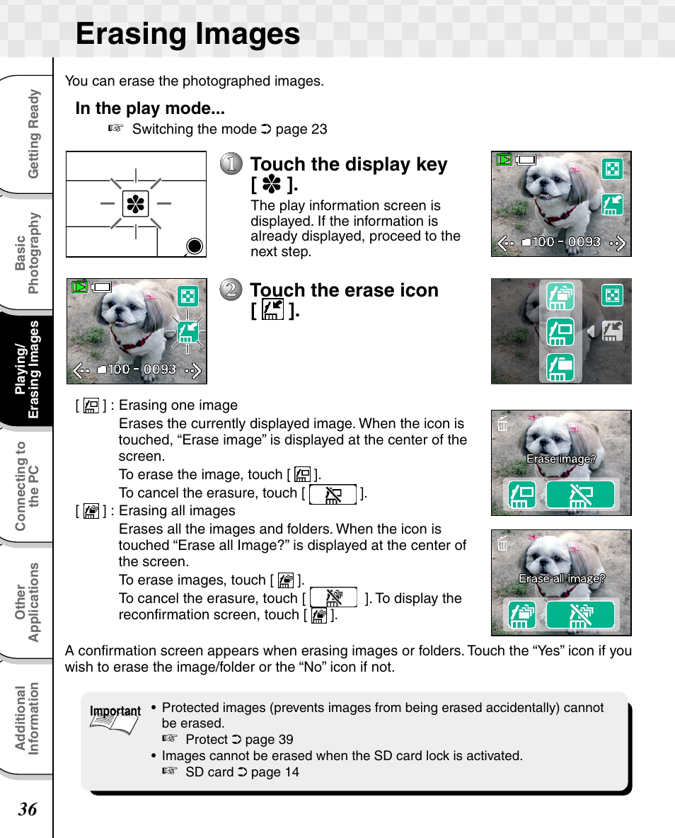 Erasing images, Touch the display key, Touch the erase icon | Toshiba T10 User Manual | Page 37 / 59