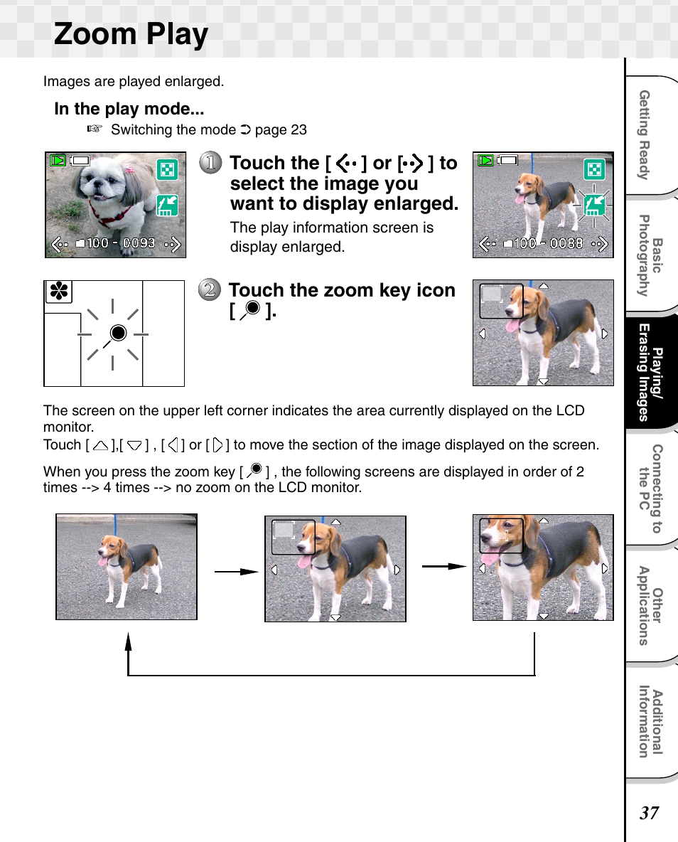 Zoom play, Touch the zoom key icon | Toshiba T10 User Manual | Page 38 / 59