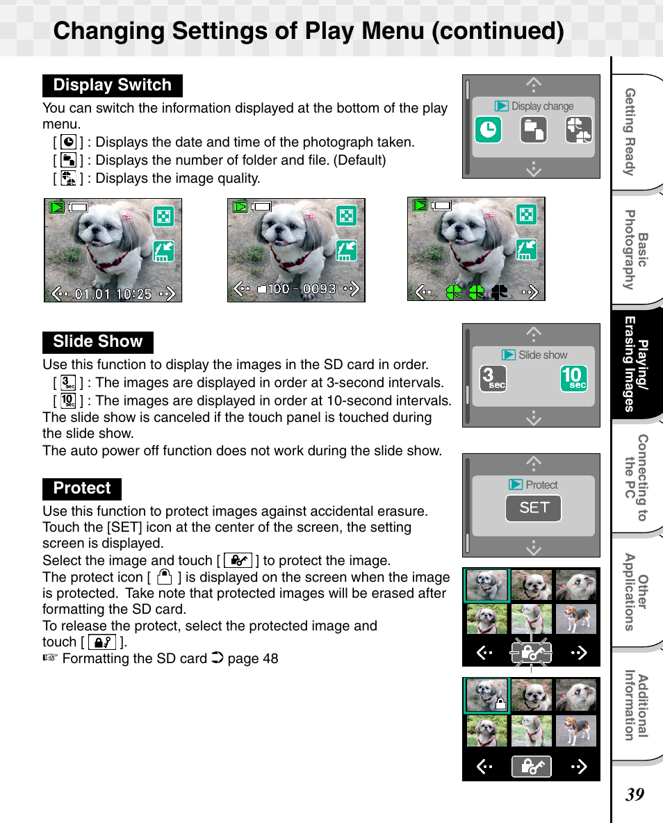 Changing settings of play menu (continued), Display switch, Slide show | Protect | Toshiba T10 User Manual | Page 40 / 59