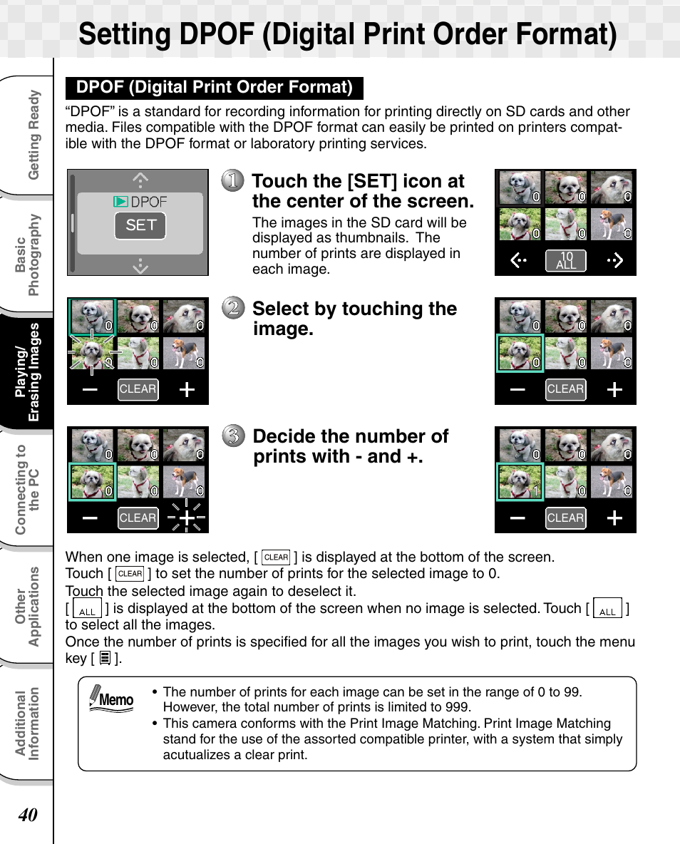 Setting dpof (digital print order format), Touch the [set] icon at the center of the screen, Decide the number of prints with - and | Select by touching the image | Toshiba T10 User Manual | Page 41 / 59