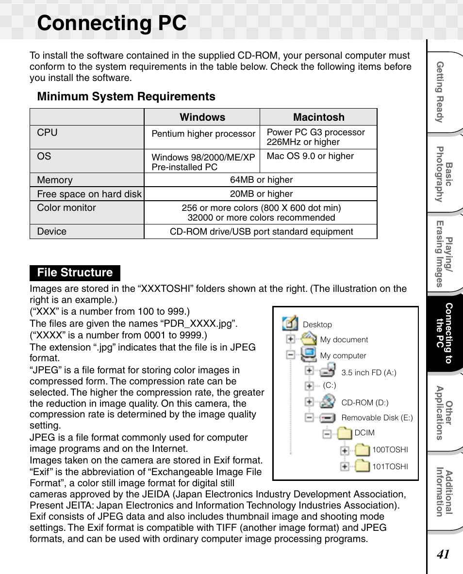 Connecting pc, Minimum system requirements file structure | Toshiba T10 User Manual | Page 42 / 59