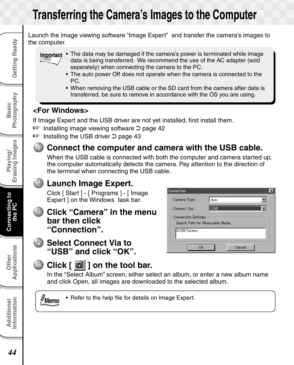 Transferring the camera’s images to the computer, Connect the computer and camera with the usb cable, Launch image expert | Select connect via to “usb” and click “ok, Click [ ] on the tool bar | Toshiba T10 User Manual | Page 45 / 59
