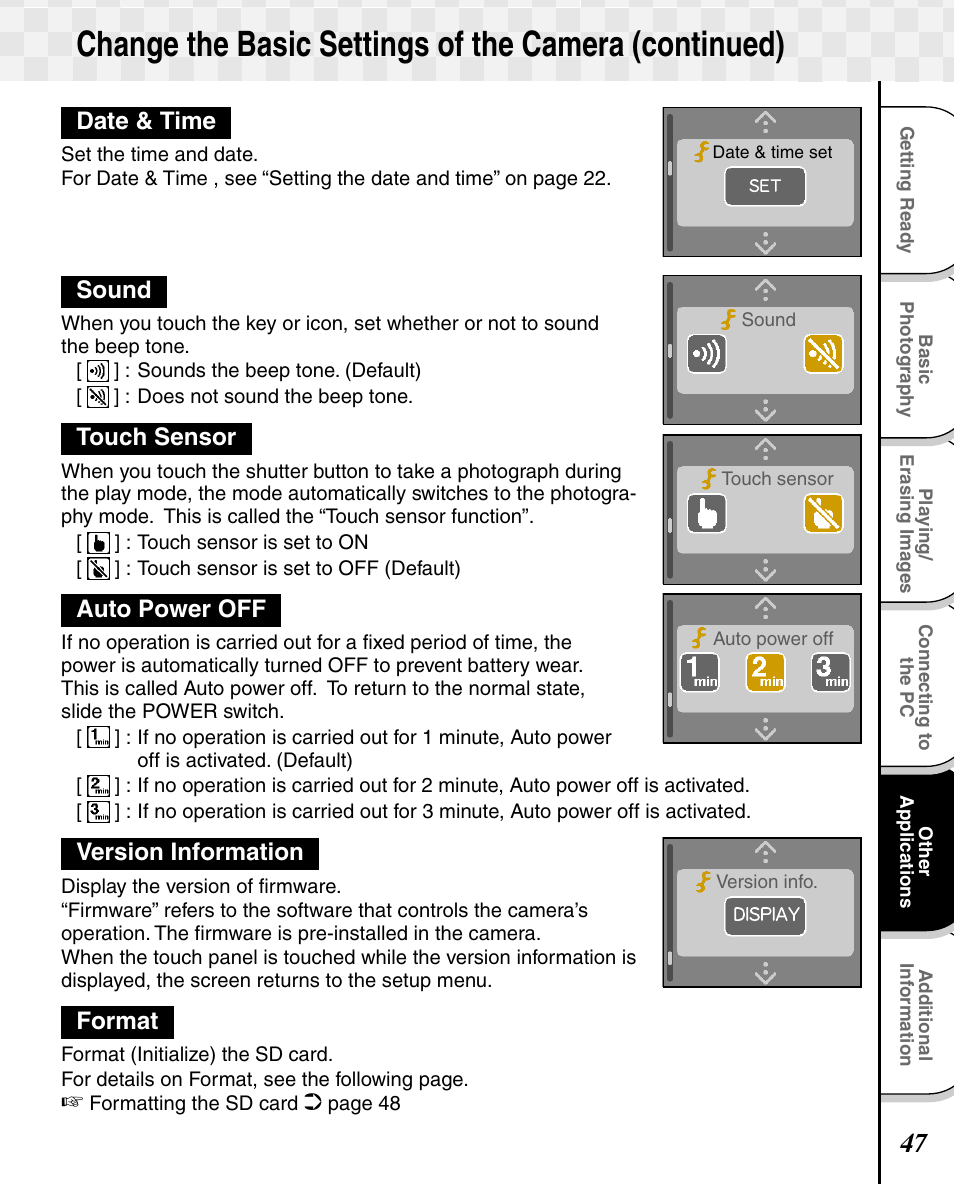 Date & time, Sound, Touch sensor | Auto power off, Version information, Format | Toshiba T10 User Manual | Page 48 / 59