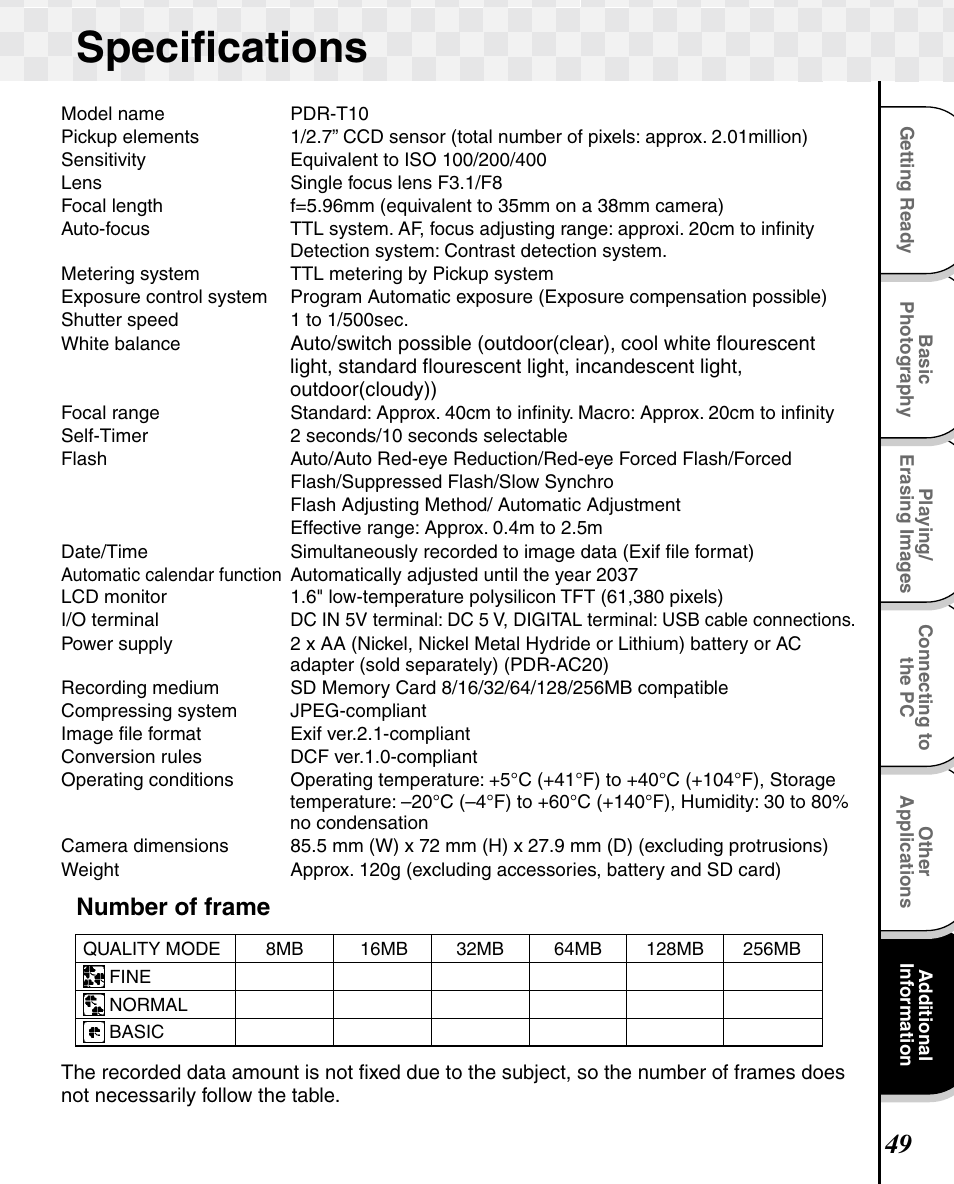 Specifications, Number of frame | Toshiba T10 User Manual | Page 50 / 59