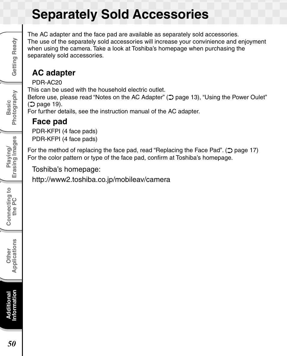 Separately sold accessories, Ac adapter, Face pad | Toshiba T10 User Manual | Page 51 / 59