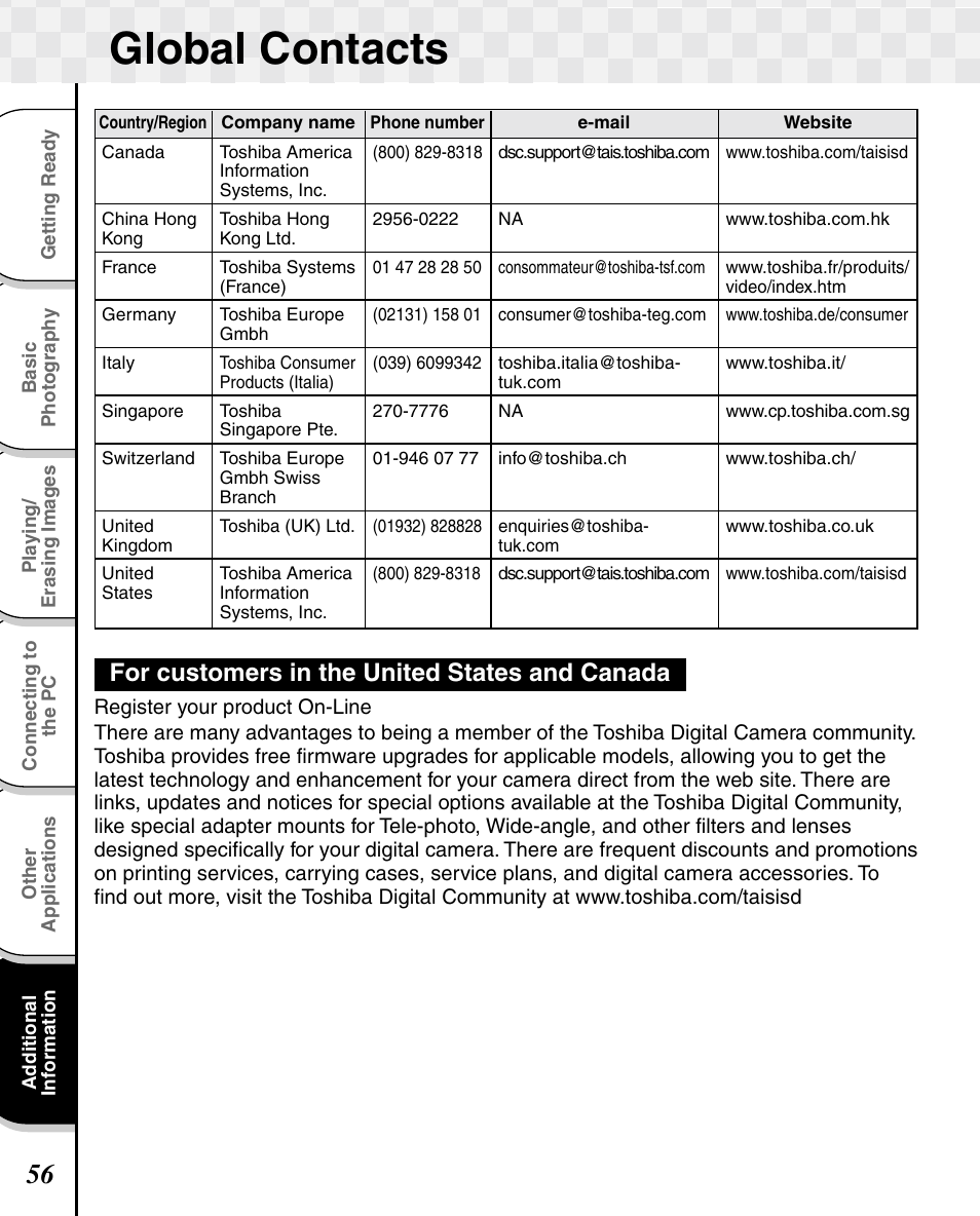 Global contacts, For customers in the united states and canada | Toshiba T10 User Manual | Page 57 / 59
