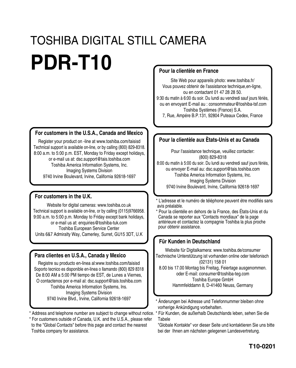 Pdr-t10, Toshiba digital still camera | Toshiba T10 User Manual | Page 59 / 59