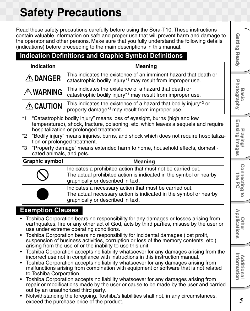 Safety precautions, Danger warning caution | Toshiba T10 User Manual | Page 6 / 59