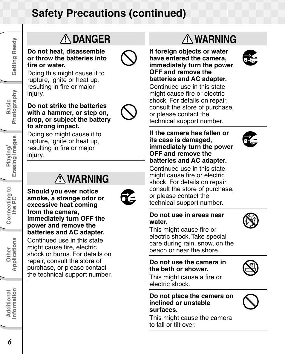 Warning danger, Warning, Safety precautions (continued) | Toshiba T10 User Manual | Page 7 / 59