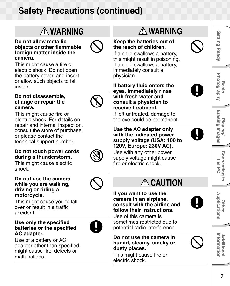 Warning, Warning caution, Safety precautions (continued) | Toshiba T10 User Manual | Page 8 / 59