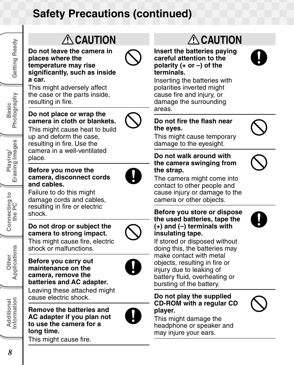 Caution, Safety precautions (continued) | Toshiba T10 User Manual | Page 9 / 59