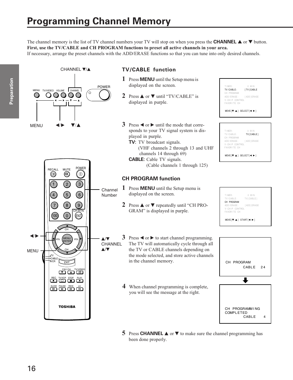 Programming channel memory, Tv/cable function, Ch program function | T/s t/s | Toshiba ColorStream 27A40 User Manual | Page 16 / 36