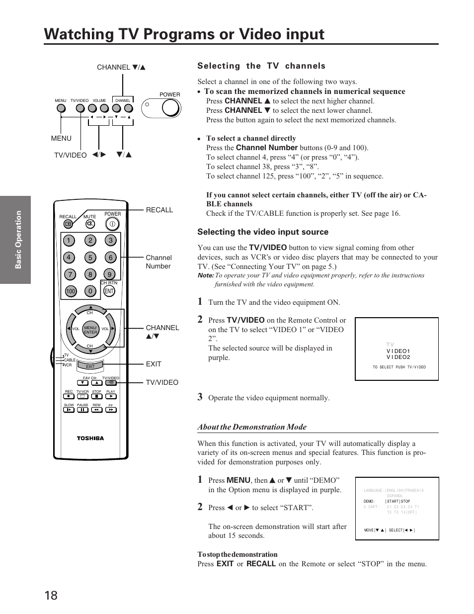 Basic operation, Watching tv programs or video input, Selecting the tv channels | Selecting the video input source, About the demonstration mode | Toshiba ColorStream 27A40 User Manual | Page 18 / 36