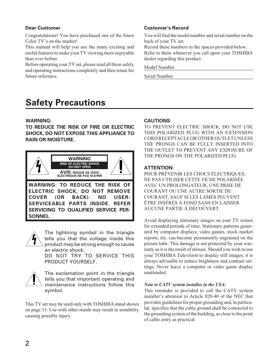 Safety precautions | Toshiba ColorStream 27A40 User Manual | Page 2 / 36