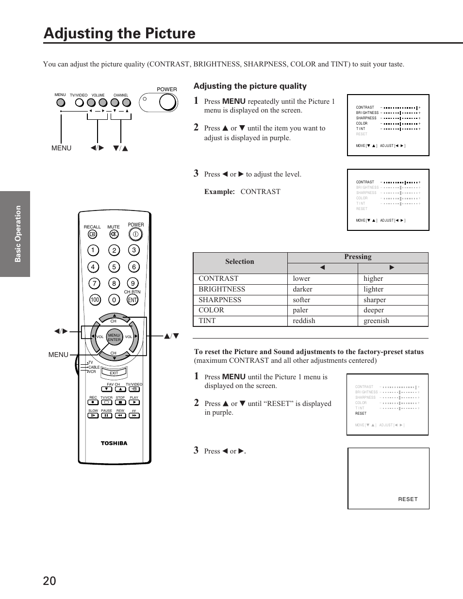 Adjusting the picture, Adjusting the picture quality, Press s or t until “reset” is displayed in purple | Press t or s, T/s t/s | Toshiba ColorStream 27A40 User Manual | Page 20 / 36