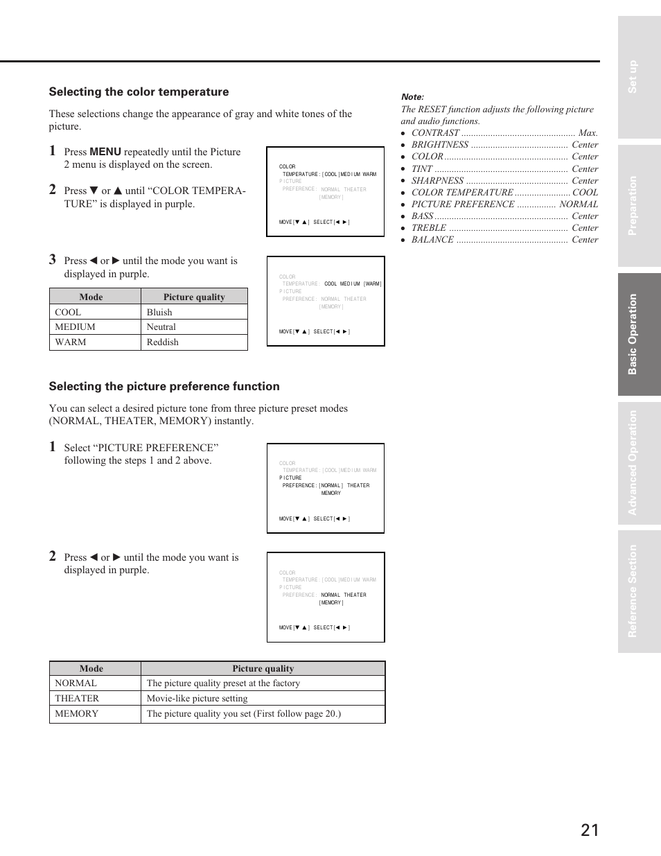 Selecting the color temperature, Selecting the picture preference function | Toshiba ColorStream 27A40 User Manual | Page 21 / 36