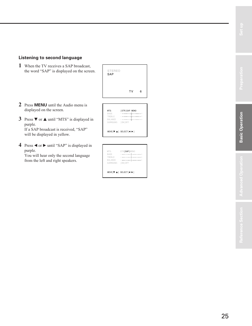 Listening to second language, Basic operation | Toshiba ColorStream 27A40 User Manual | Page 25 / 36