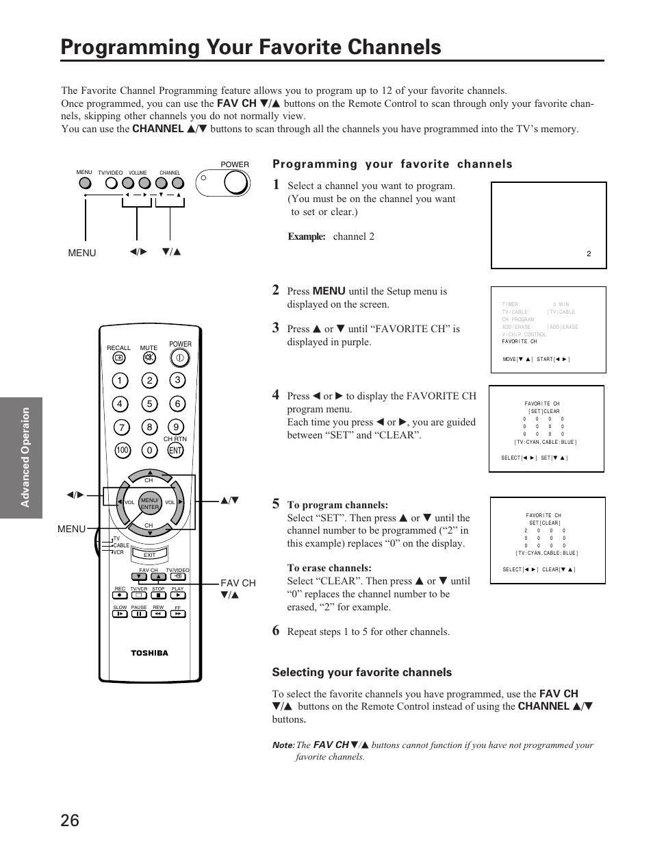 Advanced operation, Programming your favorite channels, Selecting your favorite channels | Repeat steps 1 to 5 for other channels | Toshiba ColorStream 27A40 User Manual | Page 26 / 36