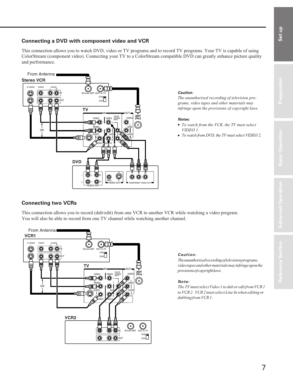Dvd with component video and vcr, Two vcrs, Connecting a dvd with component video and vcr | Connecting two vcrs, Set up, Caution, N o t e | Toshiba ColorStream 27A40 User Manual | Page 7 / 36