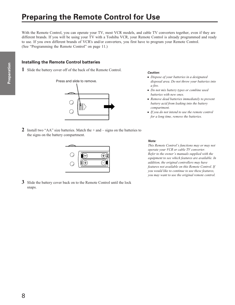 Preparation, Preparing the remote control for use | Toshiba ColorStream 27A40 User Manual | Page 8 / 36