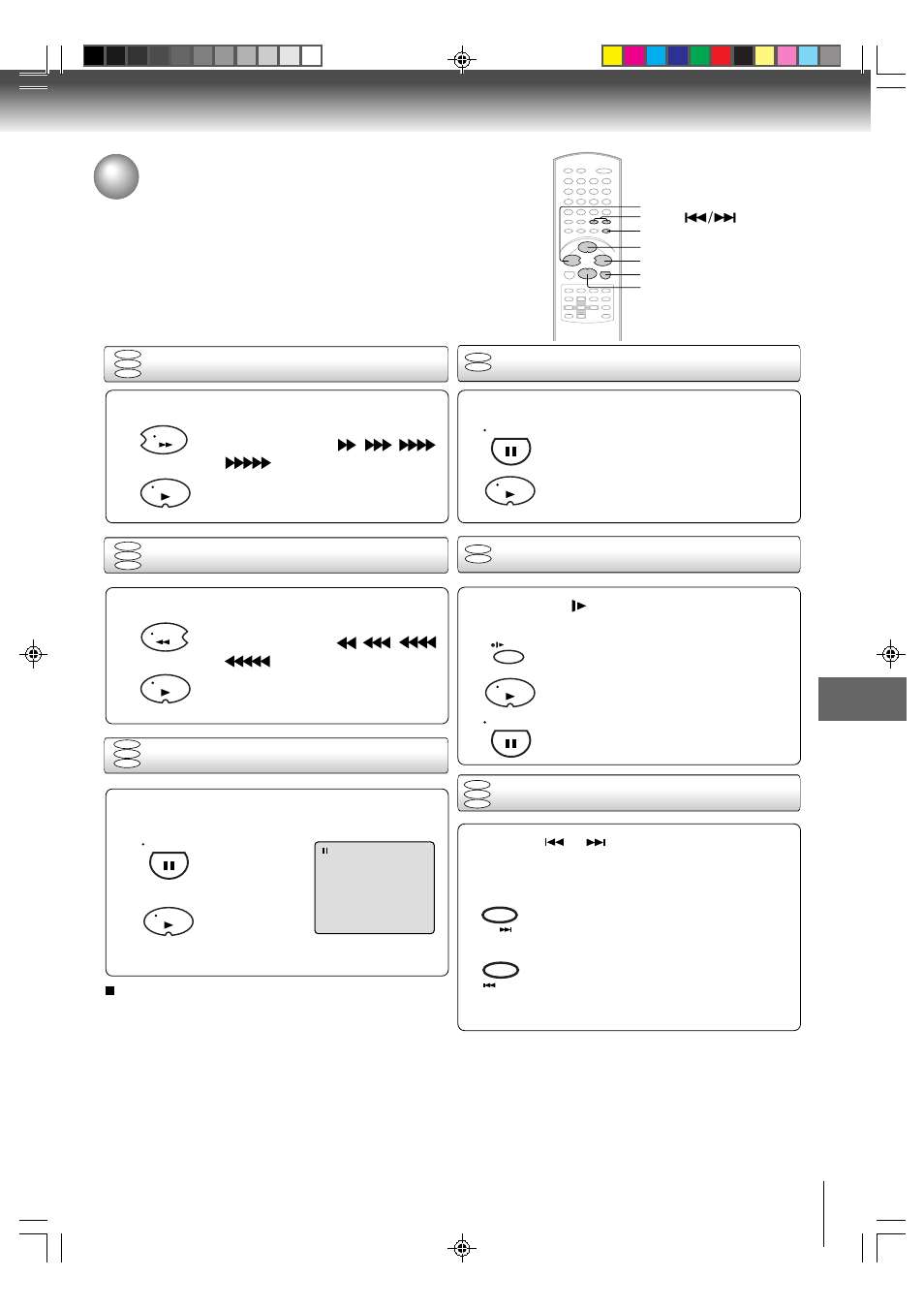 Special playback, Fast forward playback, Review playback still playback | Frame advance, Slow-motion playback, Locating a chapter or track | Toshiba MW24FN3/R User Manual | Page 51 / 68