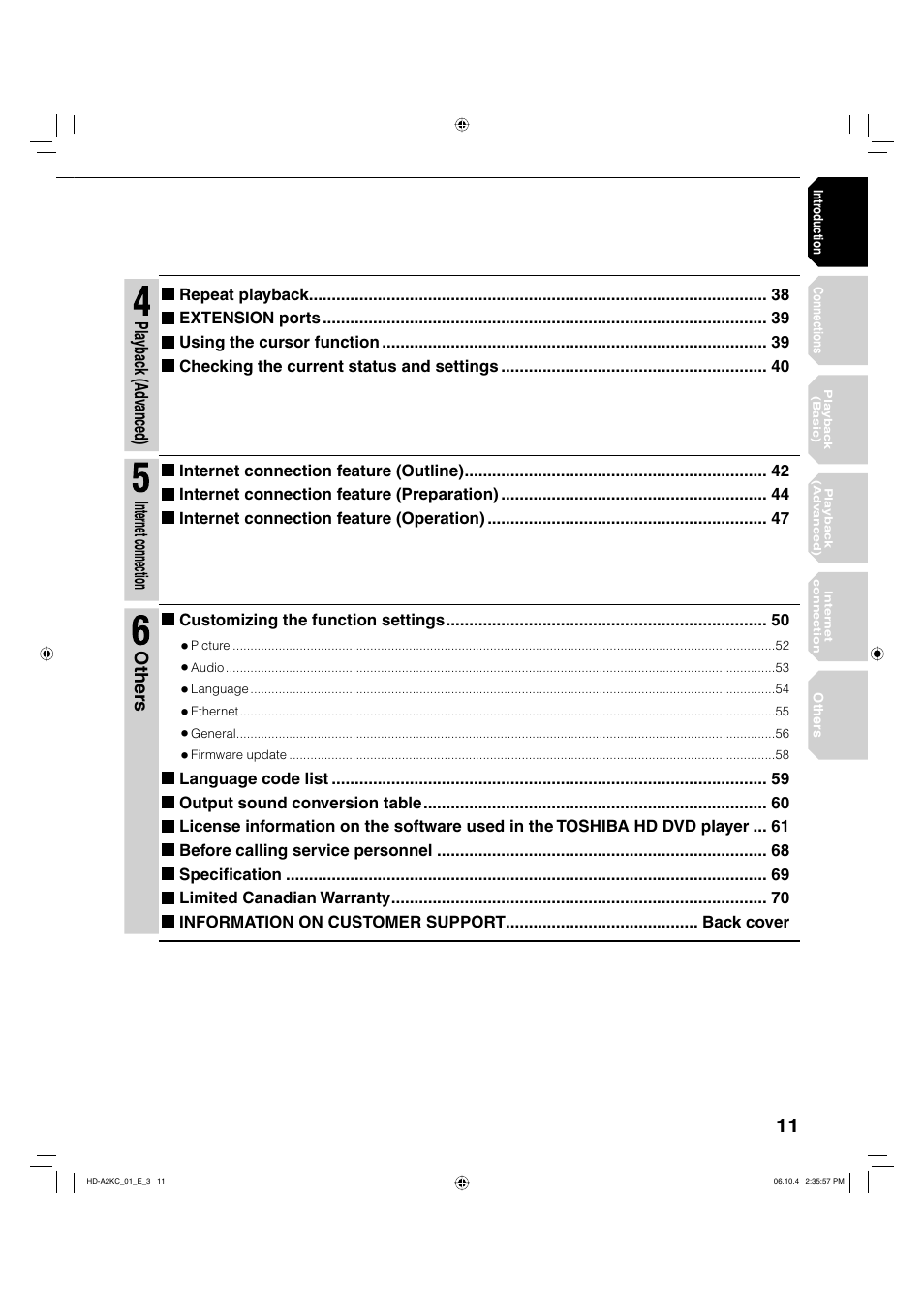Pla ybac k (ad vanced), Internet connection, Other s | Toshiba HD-A2KC User Manual | Page 11 / 72