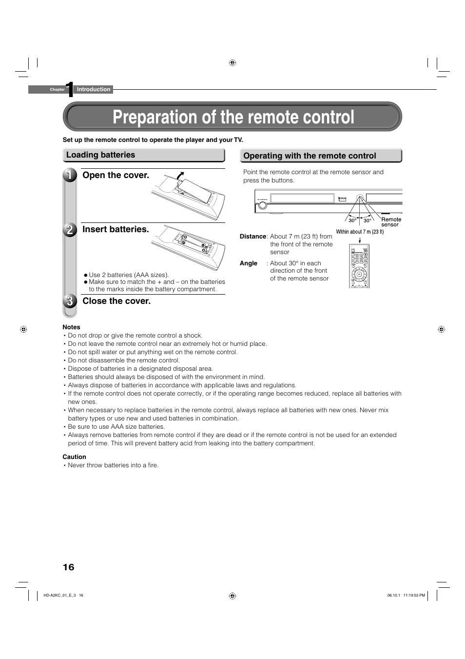 Preparation of the remote control | Toshiba HD-A2KC User Manual | Page 16 / 72
