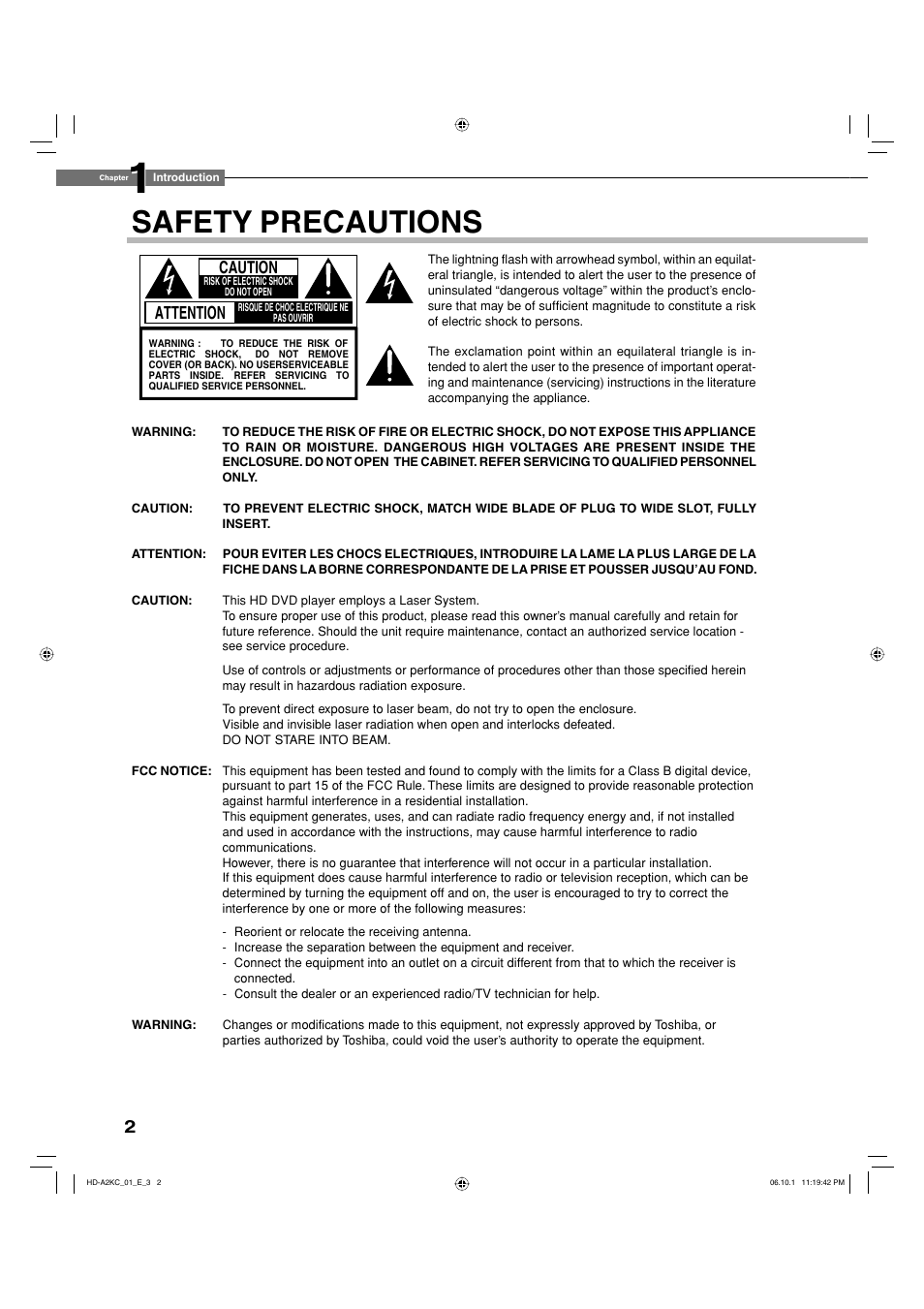 Safety precautions, Attention | Toshiba HD-A2KC User Manual | Page 2 / 72