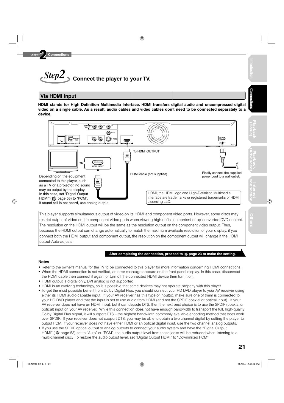 Step, Connect the player to your tv | Toshiba HD-A2KC User Manual | Page 21 / 72