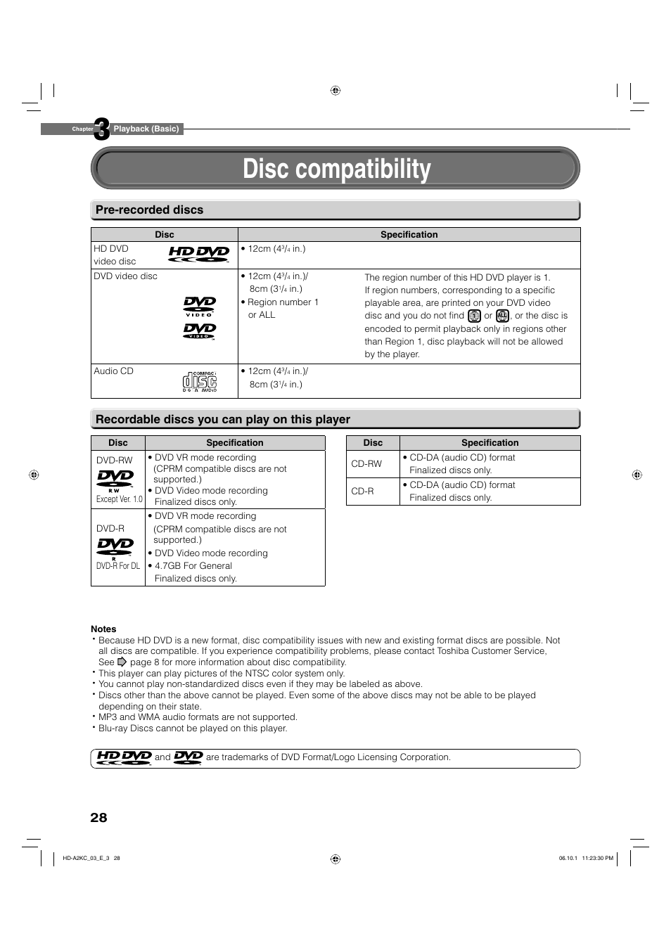 Disc compatibility, Pre-recorded discs, Recordable discs you can play on this player | Toshiba HD-A2KC User Manual | Page 28 / 72