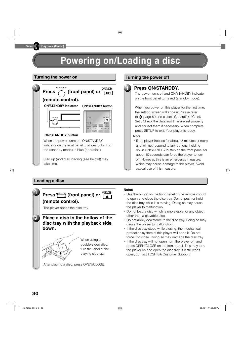 Powering on/loading a disc | Toshiba HD-A2KC User Manual | Page 30 / 72