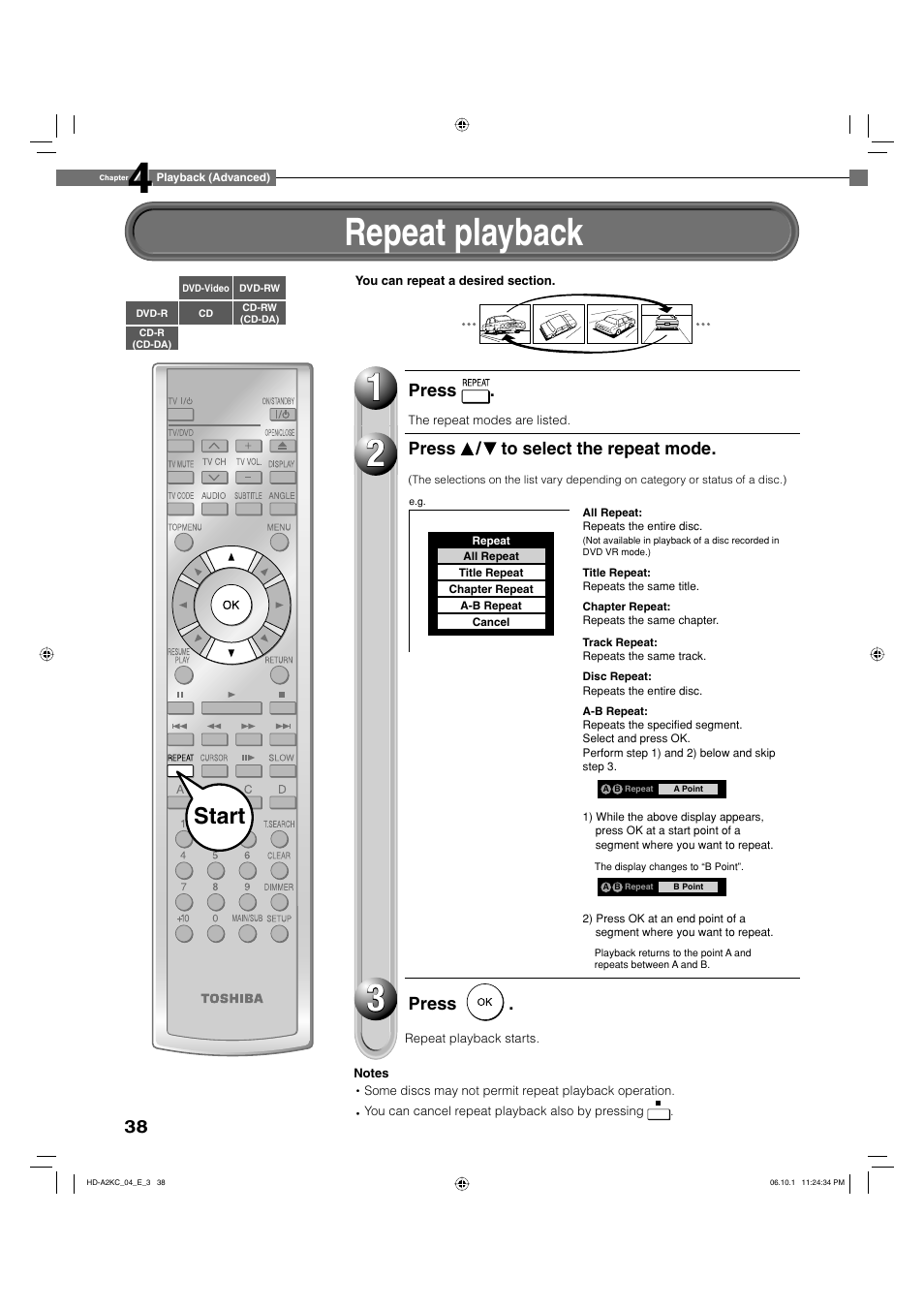 Repeat playback, Start | Toshiba HD-A2KC User Manual | Page 38 / 72