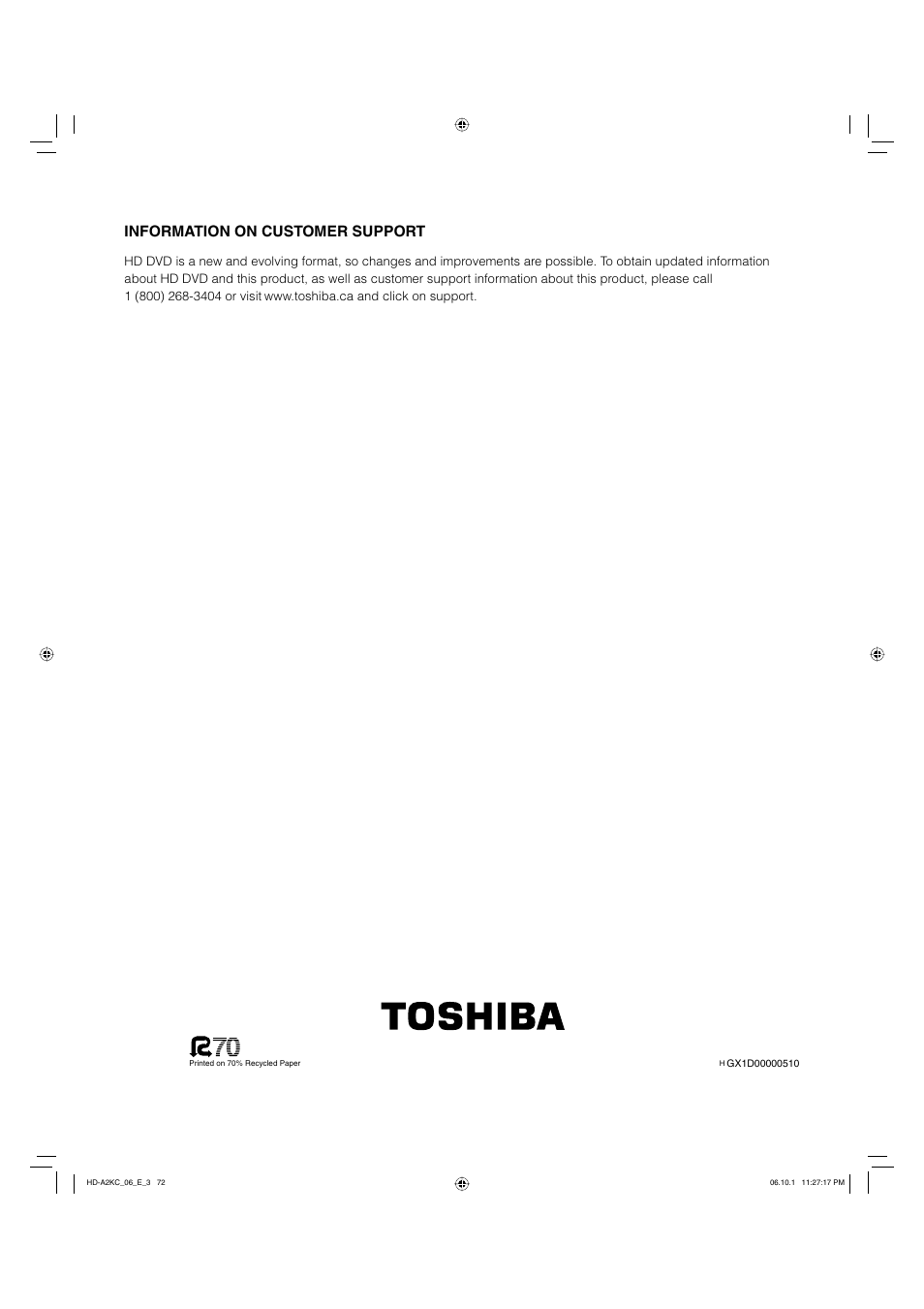 Information on customer support | Toshiba HD-A2KC User Manual | Page 72 / 72